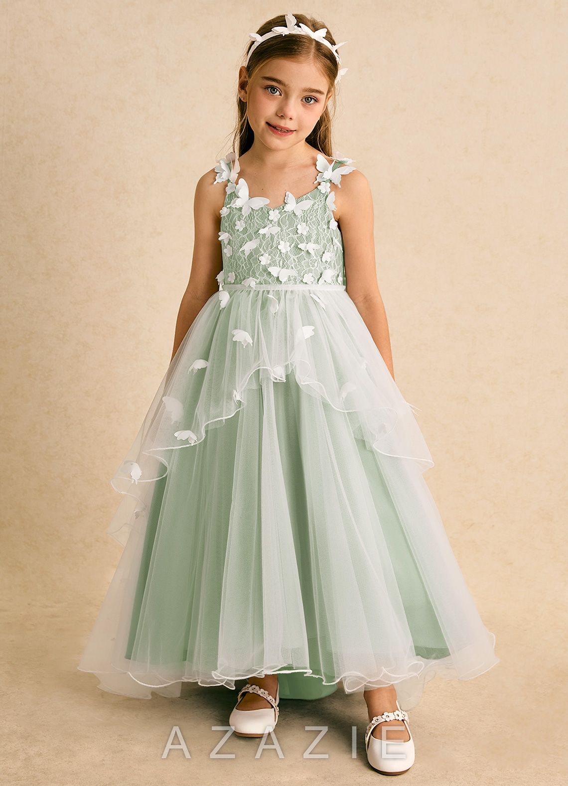 Azazie Darlina Ivory Dusty Sage Ball-Gown Lace Tulle Dress ivory/dusty_sage