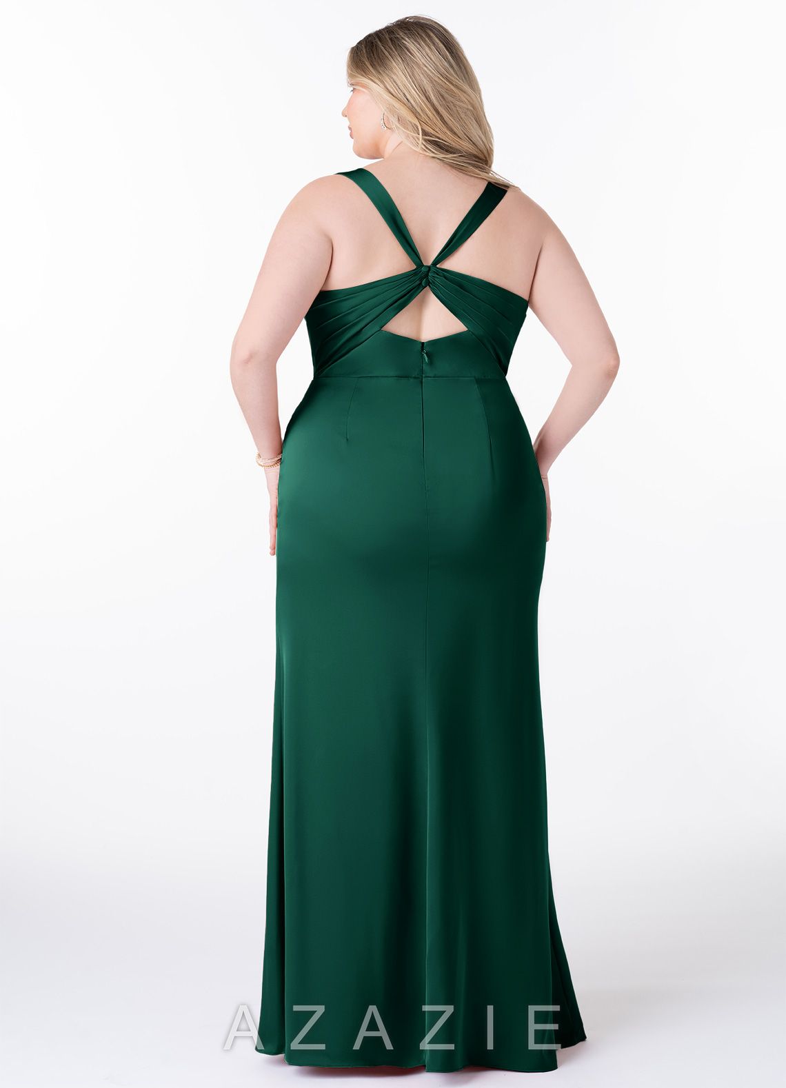 Azazie Mero Emerald Mermaid Pleated Stretch Satin Dress emerald