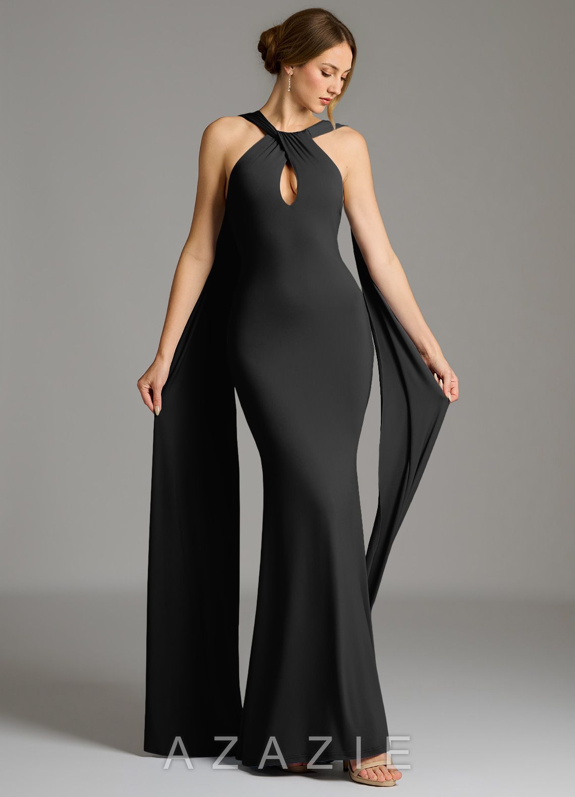 Azazie Sable Black Mermaid Pleated Premium Stretch Jersey Dress black