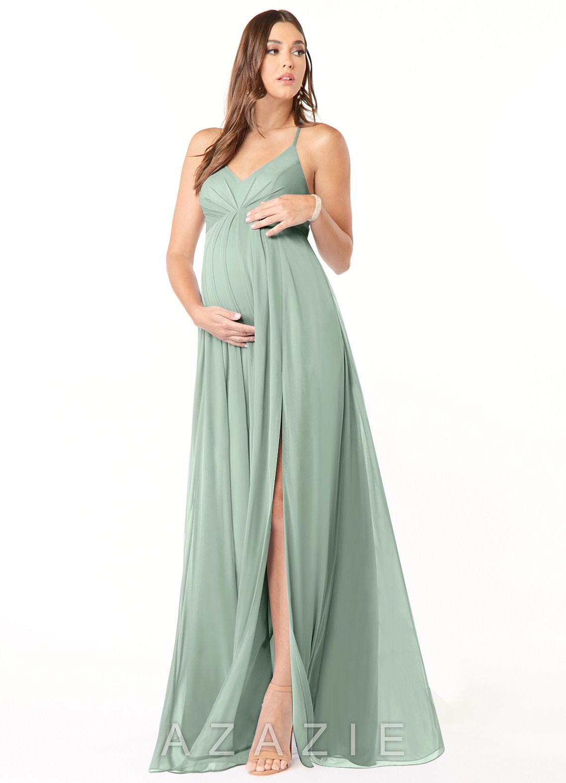 Azazie Annabelle A-Line V-Neck Pleated Mesh Floor-Length Dress