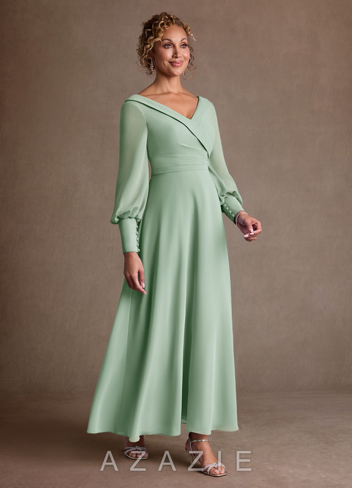 Azazie Paterson Agave A-Line Pleated Chiffon Dress agave