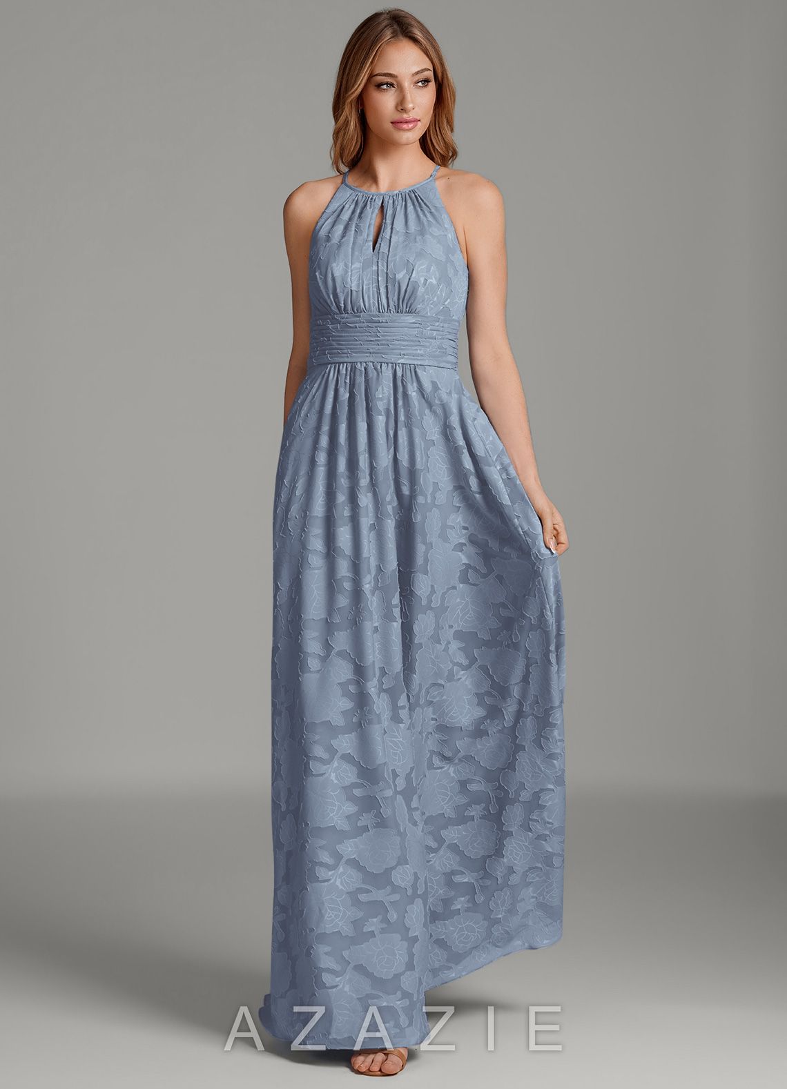 Azazie Bonnie Dusty Blue A-Line Pleated Floral Burnout Dress dusty_blue