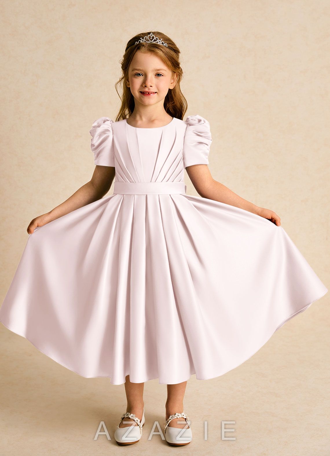 Azazie Miriam Blushing Pink Ball-Gown Pleated Matte Satin Dress blushing_pink