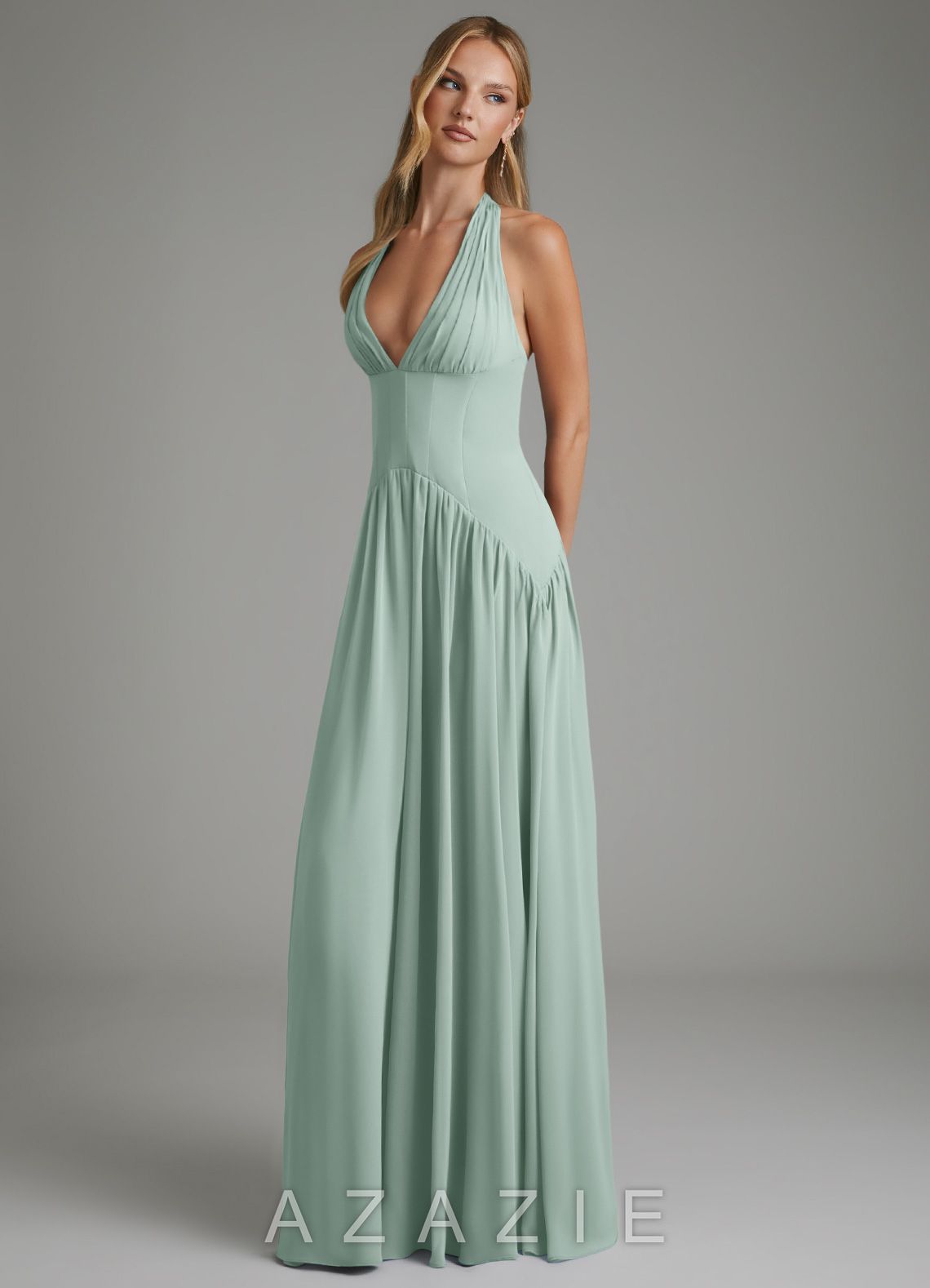 Azazie Alicia Agave A-Line Pleated Chiffon Dress agave