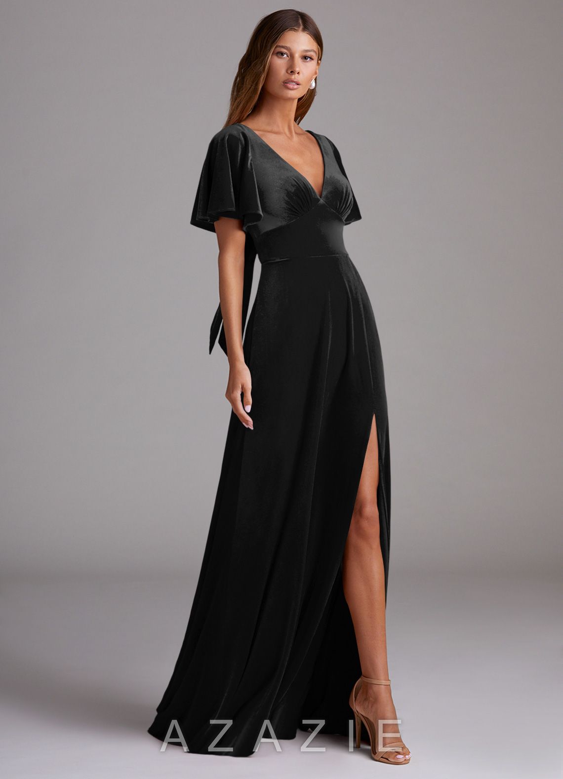 Azazie Kimber Black A-Line with Pockets Velvet Dress black
