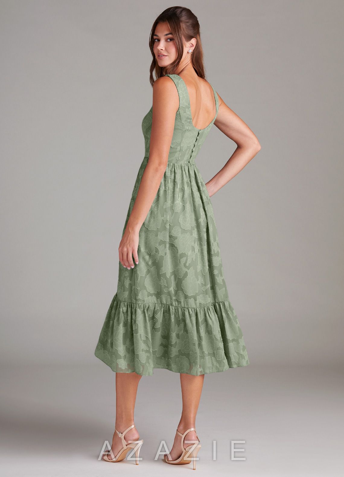 Azazie Alissa Agave A-Line with Pockets Floral Burnout Dress agave