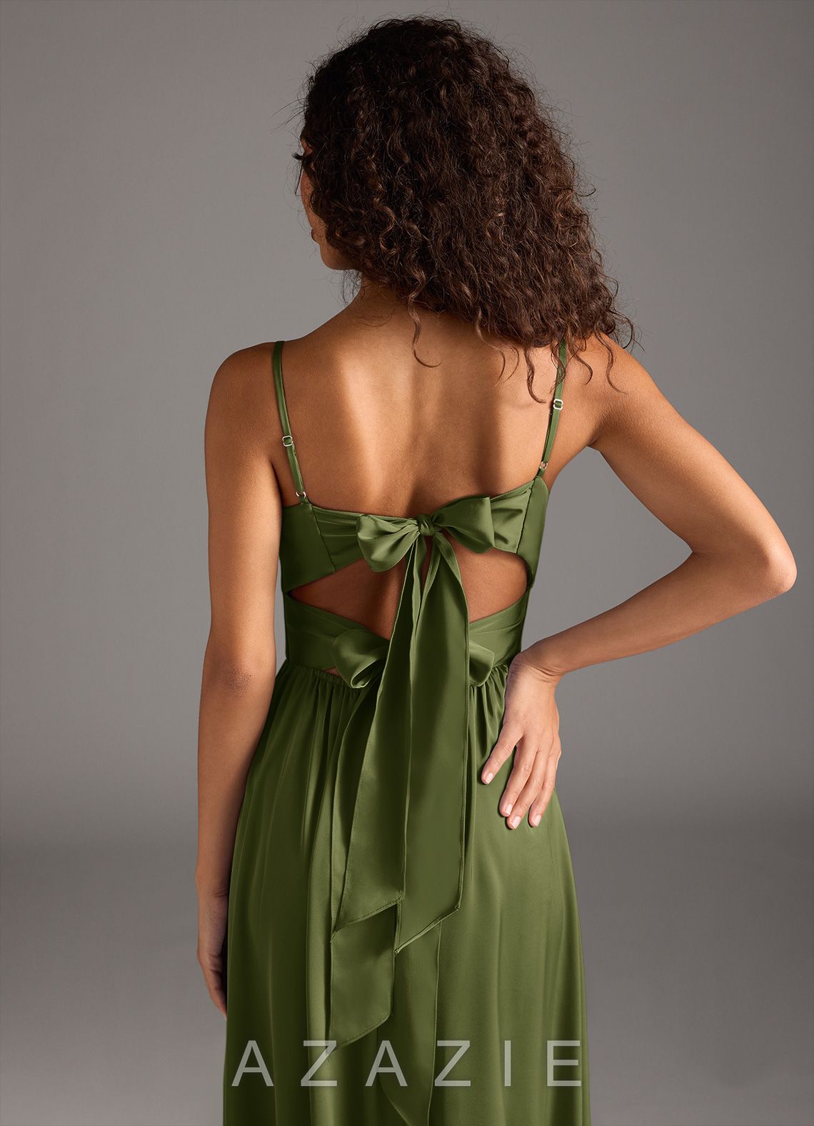 Azazie Zeya Olive A-Line Pleated Stretch Satin Dress olive
