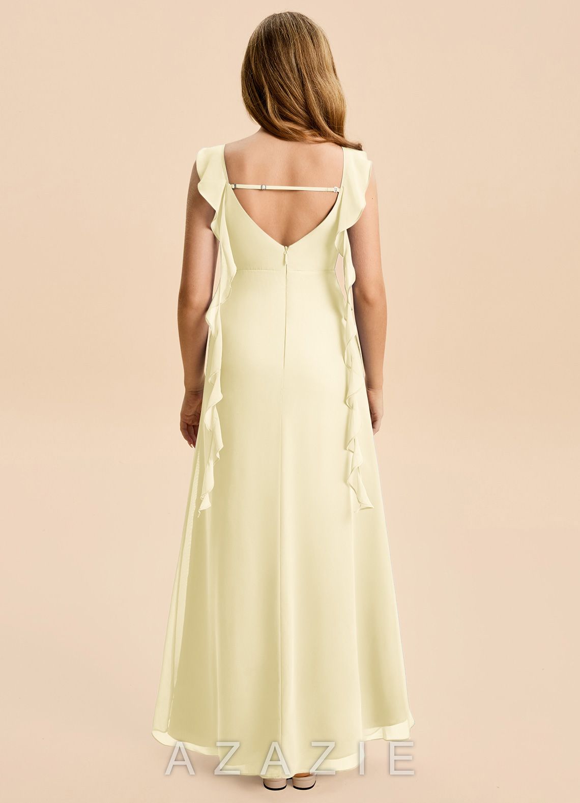 Azazie Cindy Junior Lemon Sorbet A-Line Ruched Chiffon Dress lemon_sorbet