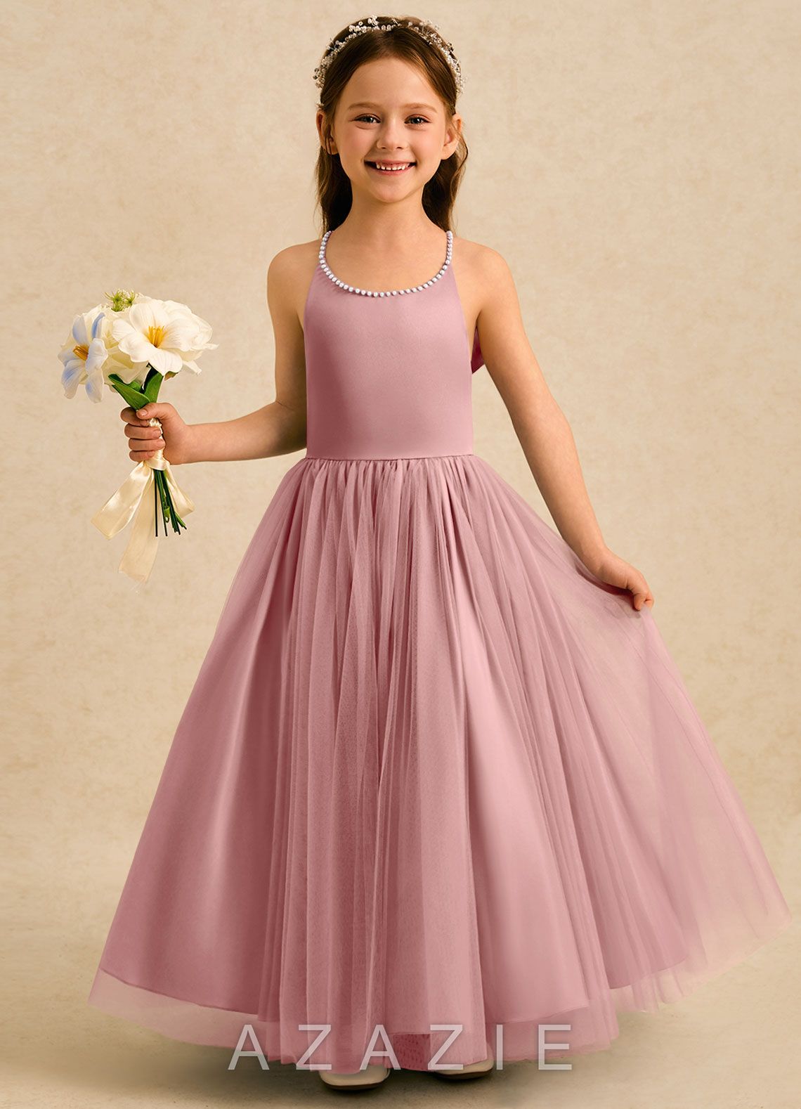 Azazie Aurora Dusty Rose A-Line Bow Tulle Dress dusty_rose
