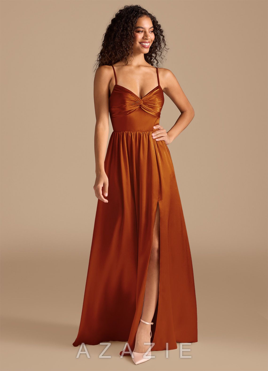 Azazie Zeya Auburn A-Line Pleated Metallic Satin Dress