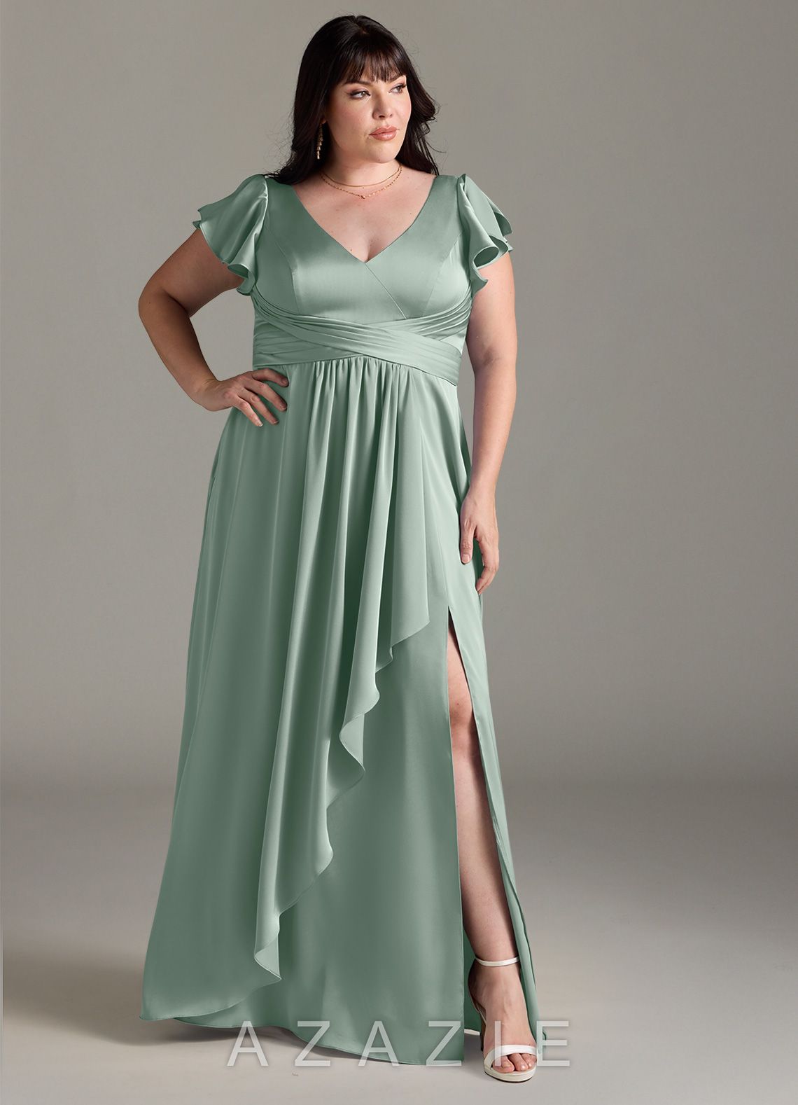 Azazie Omari Agave A-Line Stretch Satin Dress agave