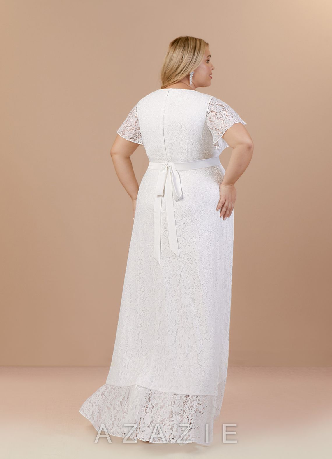 Azazie Lanei Wedding Dress Diamond White A-Line V-Neck Lace Dress diamond_white