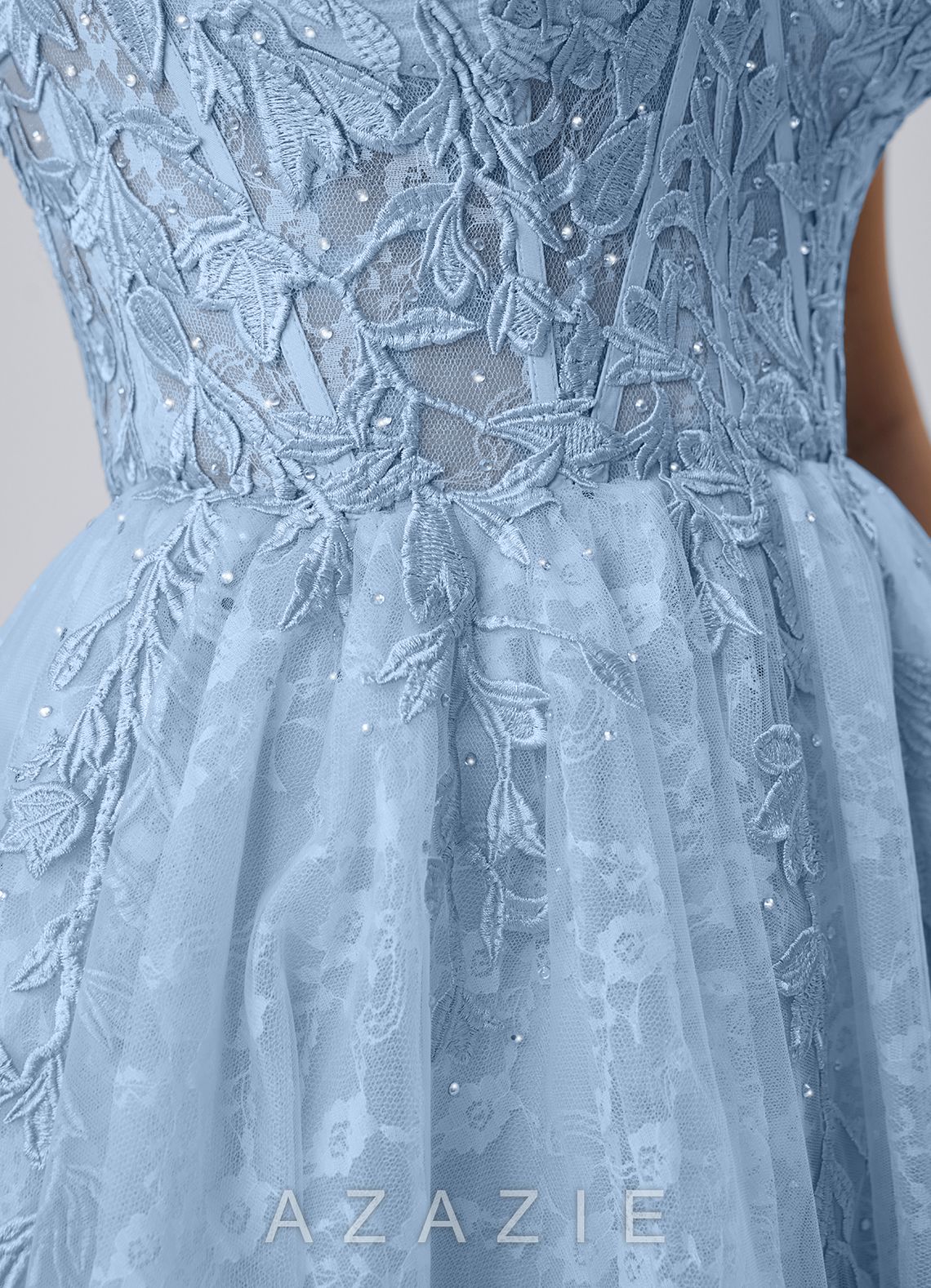 Raphinase Sky Blue Lace Tulle Beading Corset A line Lace-Up Mini Dress