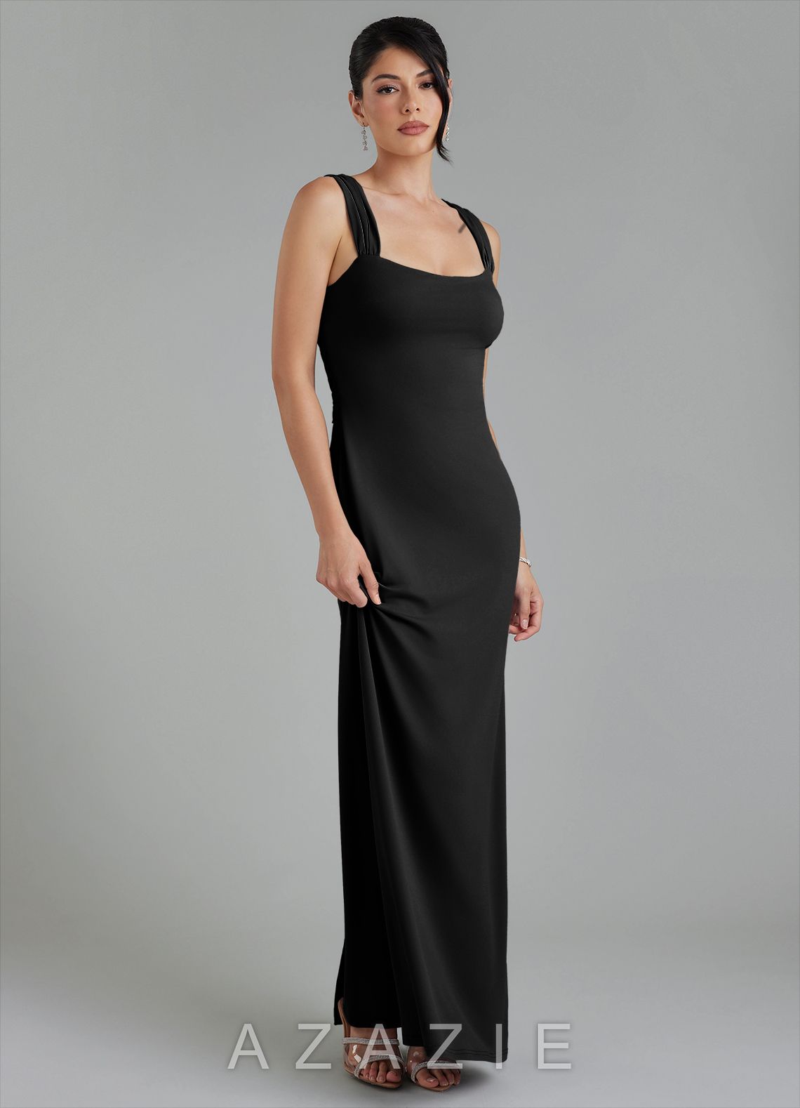 Azazie Ariel Black Mermaid Square Neckline Premium Stretch Jersey Dress black
