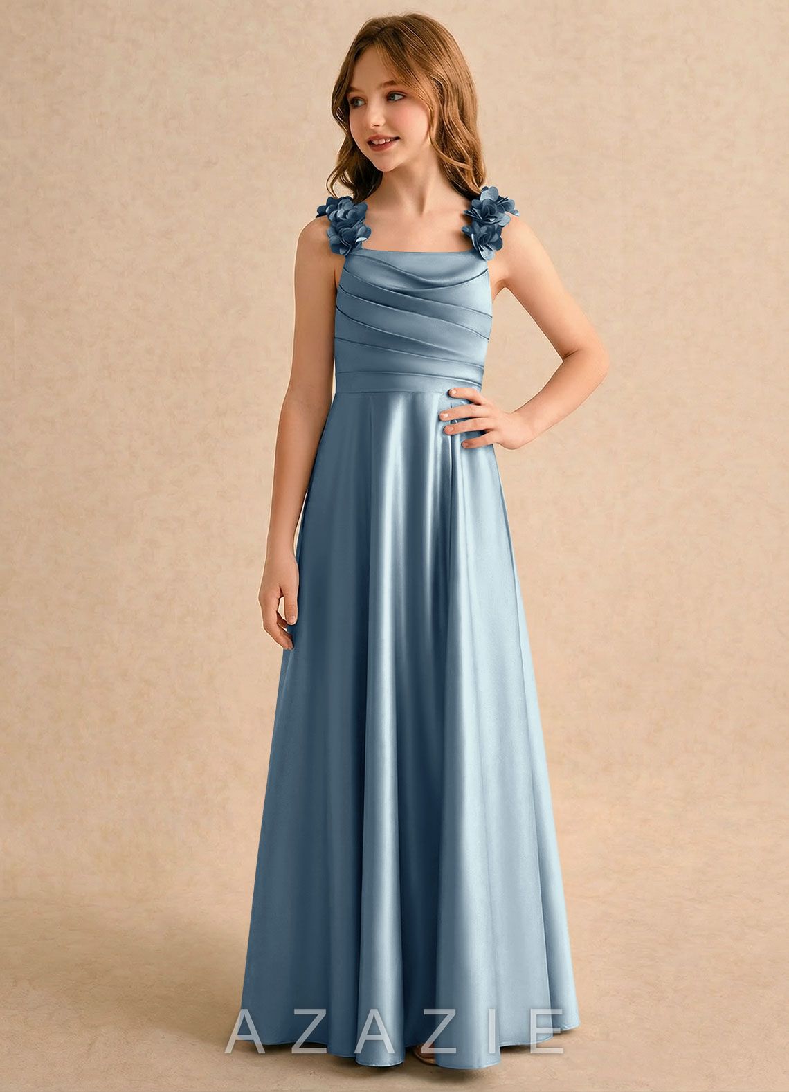 Azazie Rosita Girls Formal Dusty Blue A-Line Pleated Stretch Satin Dress dusty_blue