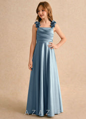 Azazie Rosita Girls Formal Dusty Blue A-Line Pleated Stretch Satin Dress dusty_blue