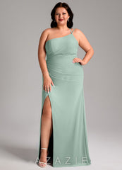 Azazie Eren Agave Sheath One Shoulder Chiffon Dress agave