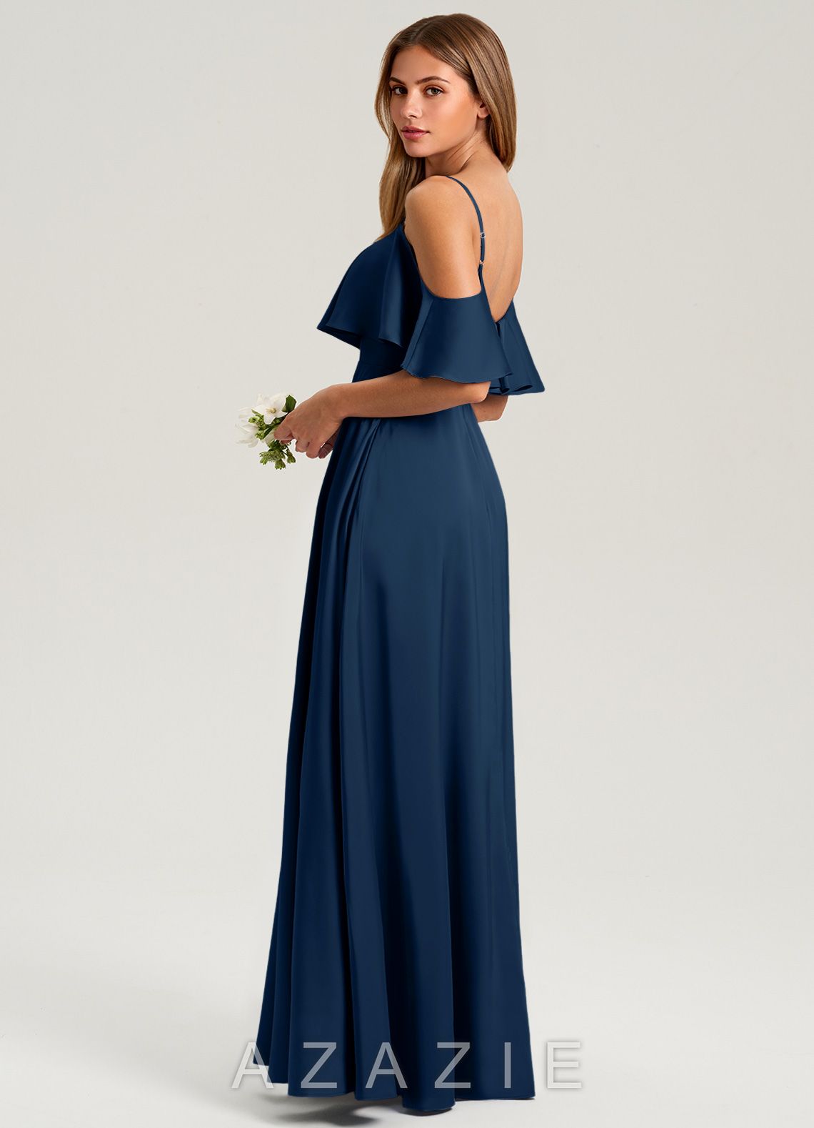 Azazie Jean Dark Navy A-Line Off the Shoulder Stretch Satin Dress dark_navy