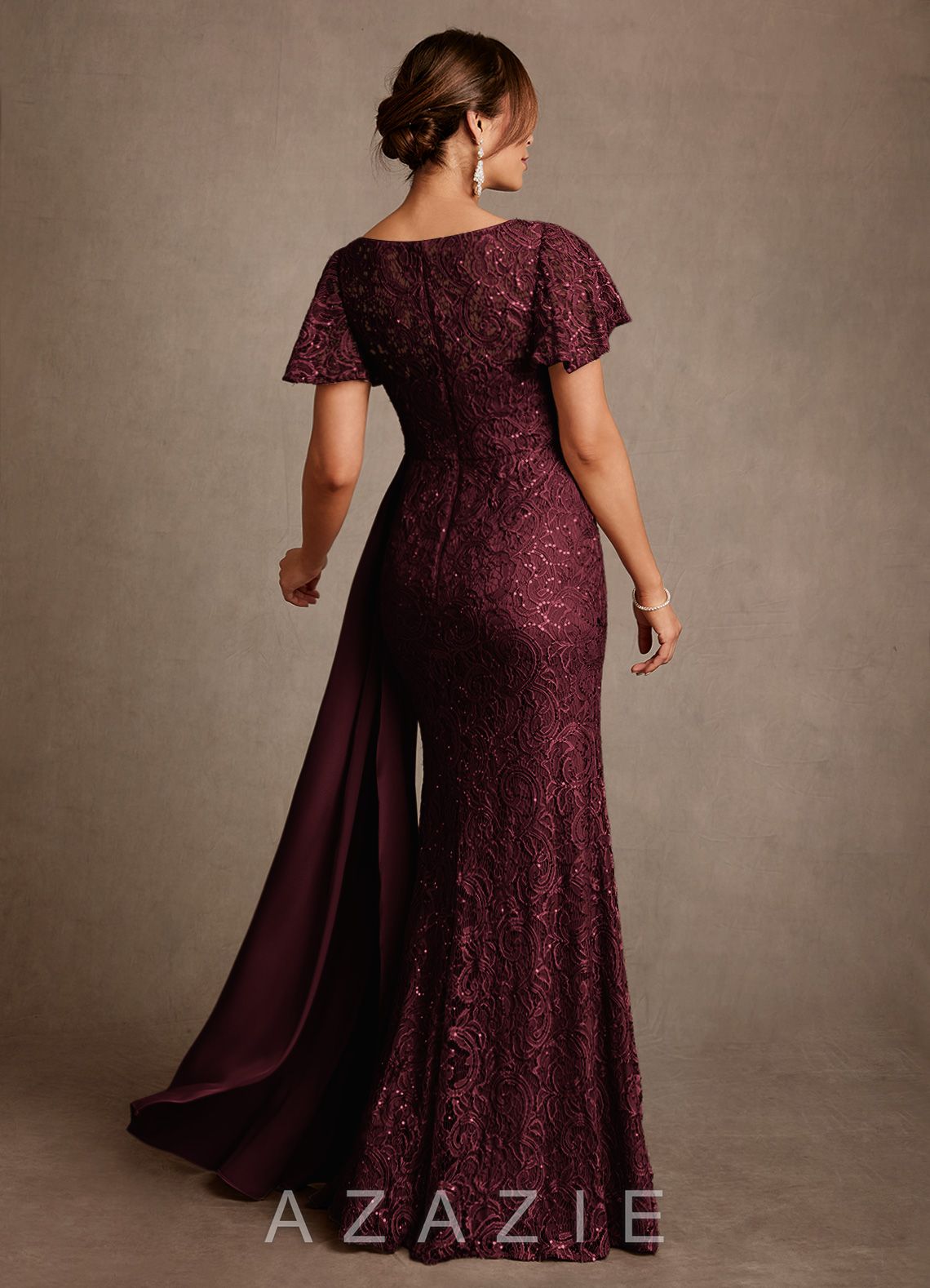 Azazie Harrison Cabernet Mermaid Pleated Lace Dress cabernet