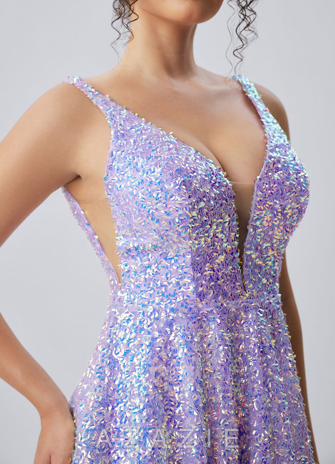 Manon Purple V-Neck Iridescent Sequin Skater Mini Dress