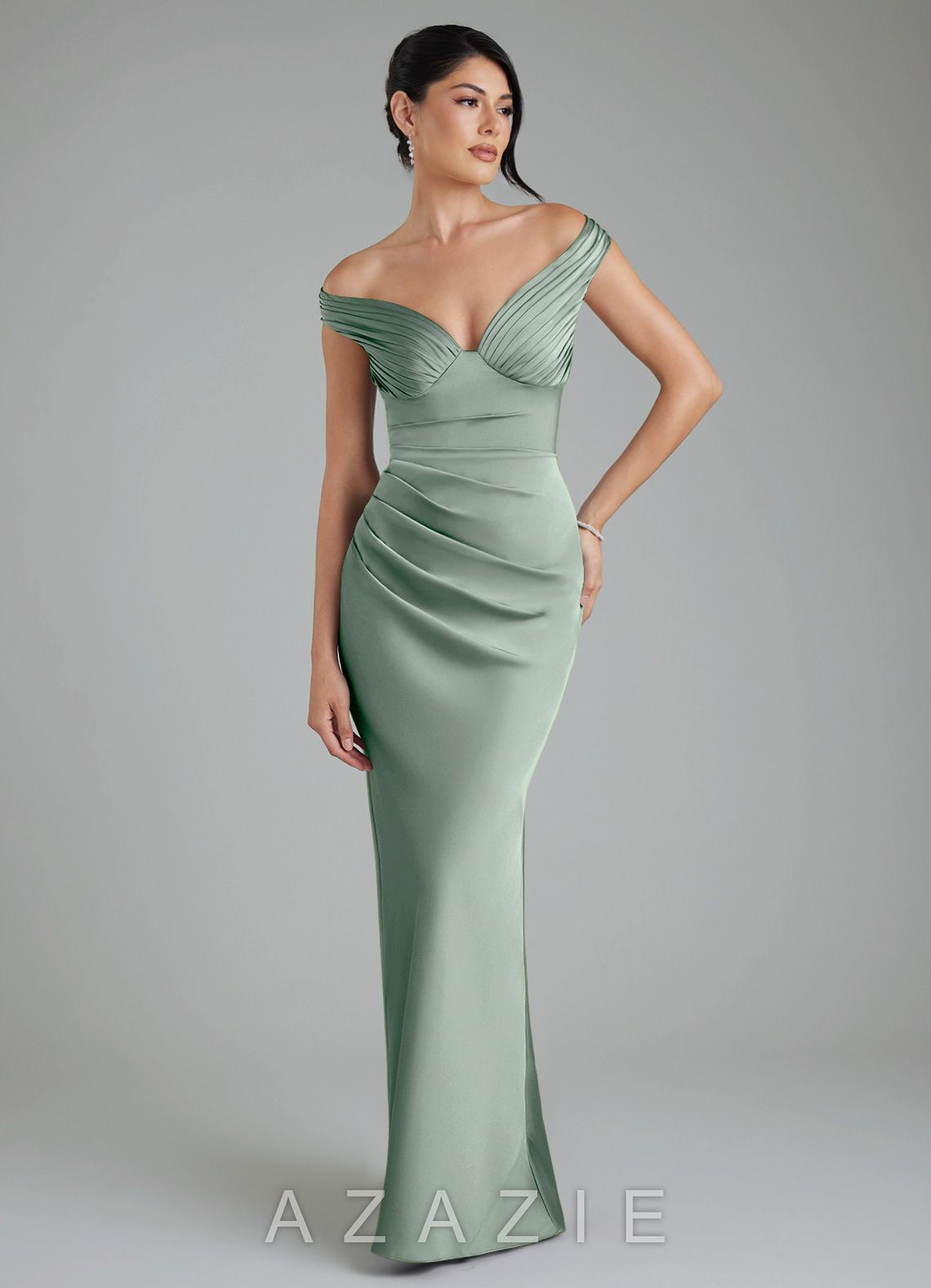 Azazie Stella Agave Sheath Corset Stretch Satin Convertible Dress