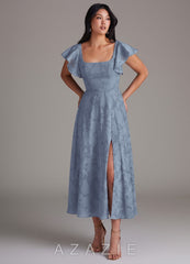 Azazie Bondi Dusty Blue A-Line Ruched Floral Burnout Dress