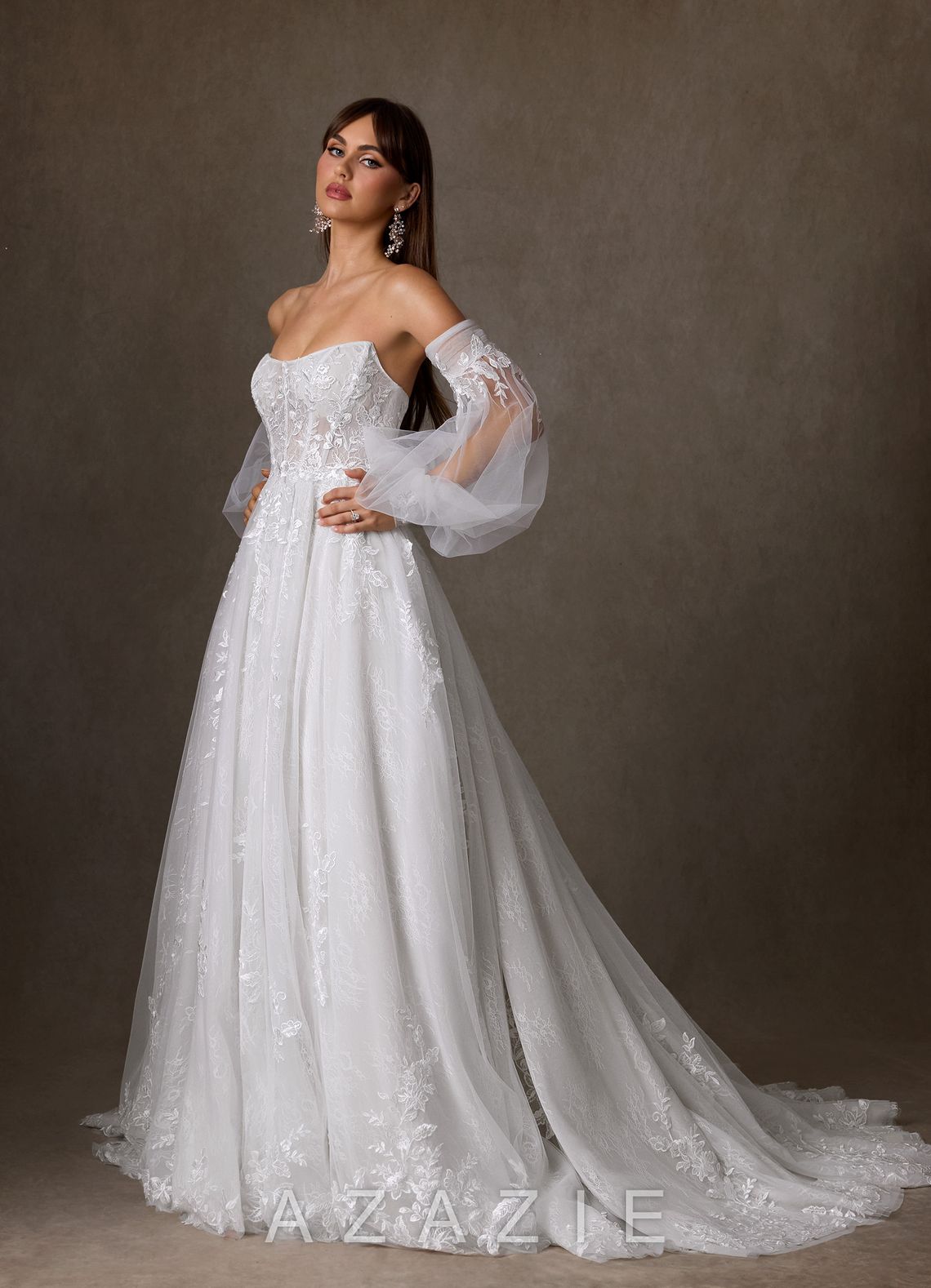 Azazie Elowyn Diamond White Ball-Gown Strapless Lace Dress diamond_white
