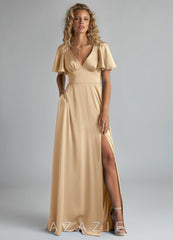 Azazie Kimber Champagne A-Line Ruched Stretch Satin Dress