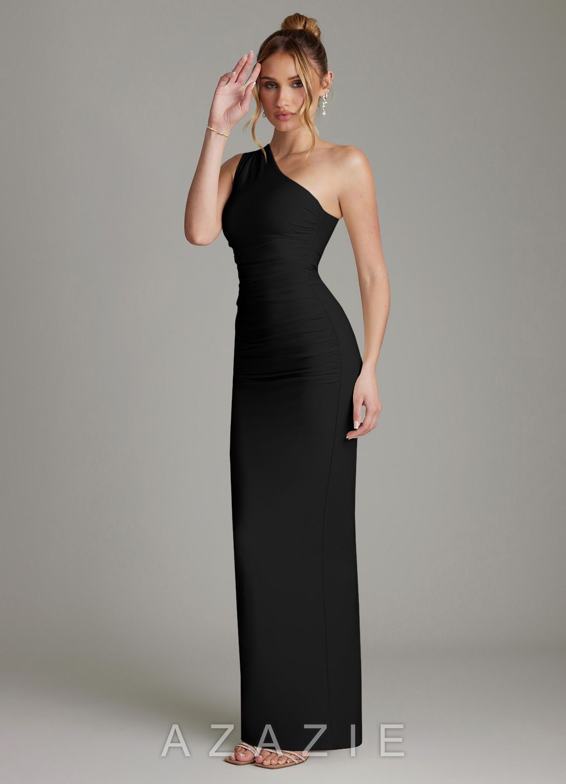 Azazie Shanice Black Sheath One Shoulder Premium Stretch Jersey Dress black