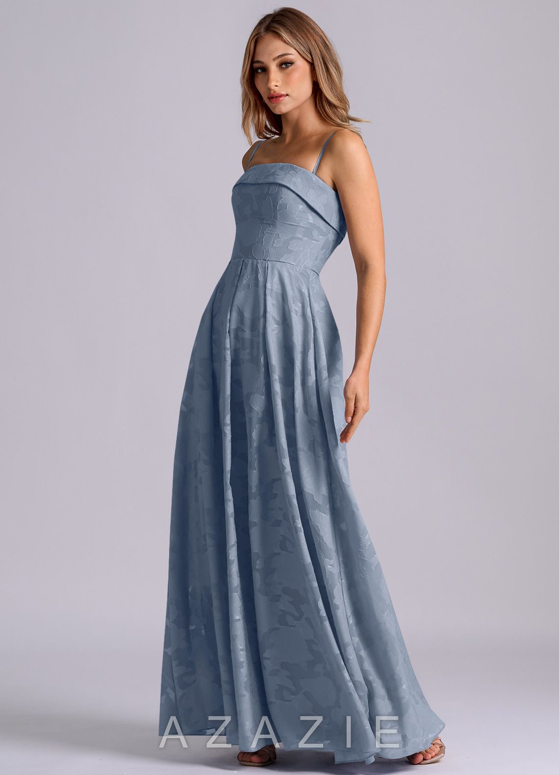 Azazie Lucienne Dusty Blue A-Line Strapless Floral Burnout Dress dusty_blue