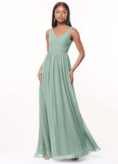 Azazie Keyla Agave A-Line V-Neck Pleated Chiffon Dress