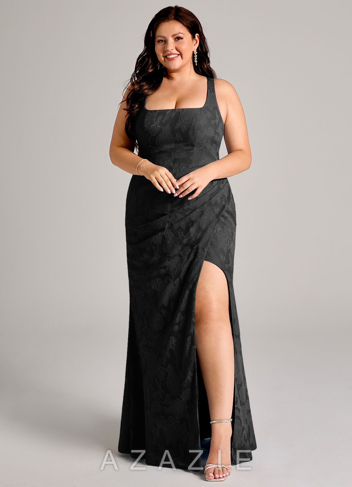 Azazie Mero Black Sheath Pleated Floral Burnout Dress black