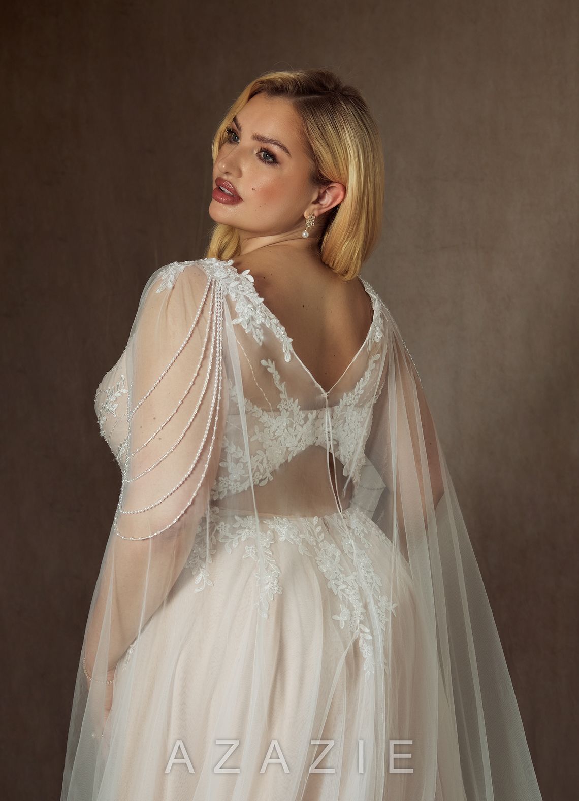 Azazie Goddess Wedding Dress Diamond White Champagne A-Line V-Neck Sequins Tulle Dress diamond_white/champagne