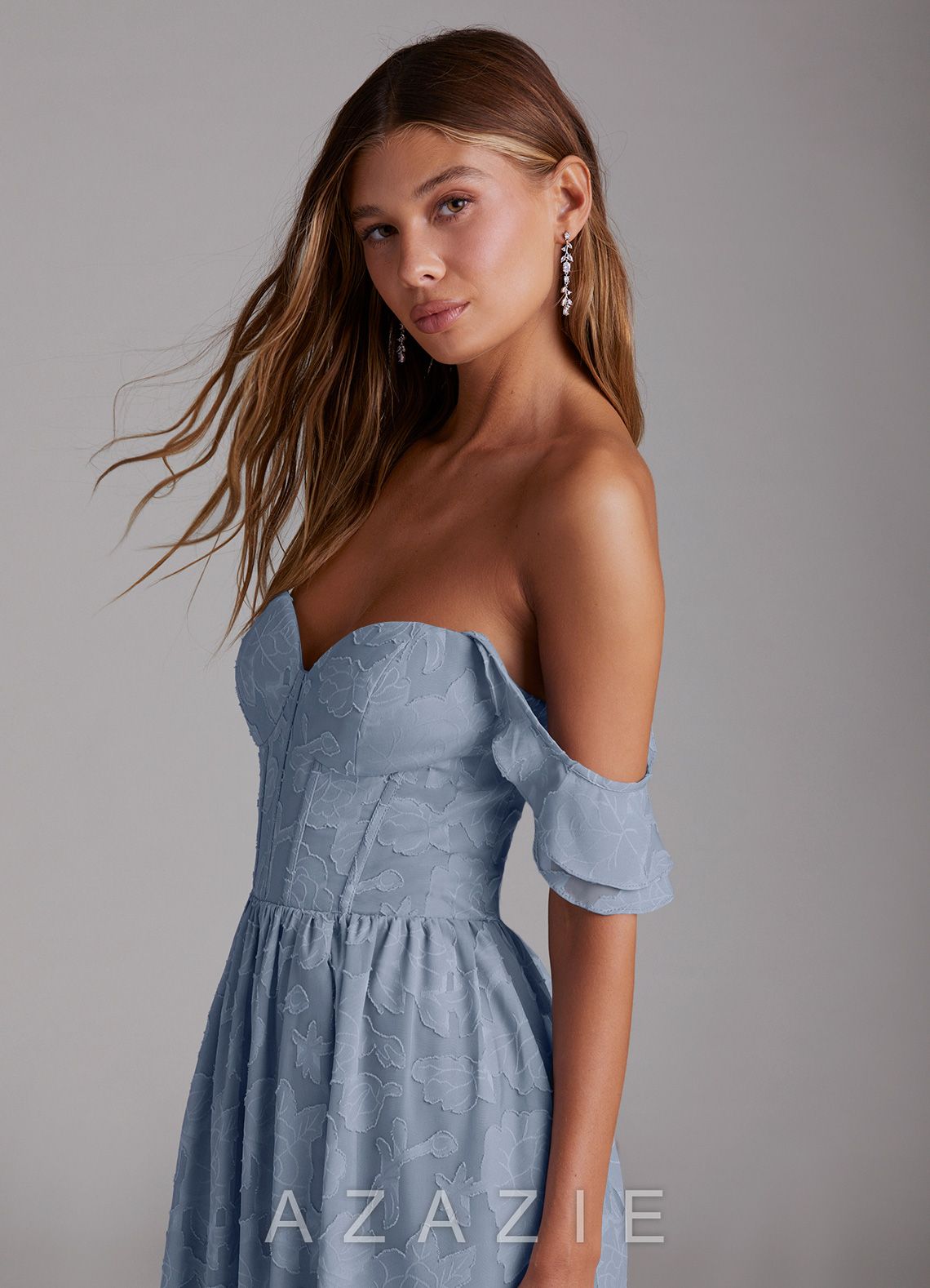 Azazie Denisse Dusty Blue A-Line Ruched Floral Burnout Dress dusty_blue
