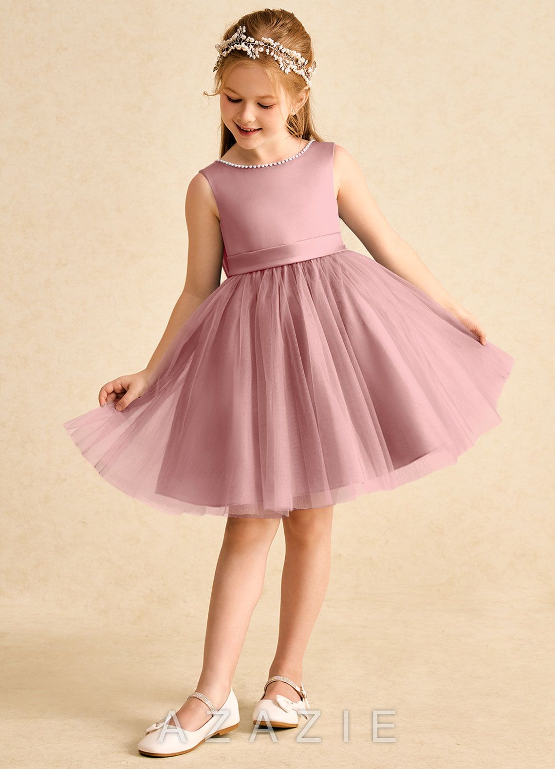 Azazie Jani Dusty Rose A-Line Bow Tulle Dress dusty_rose