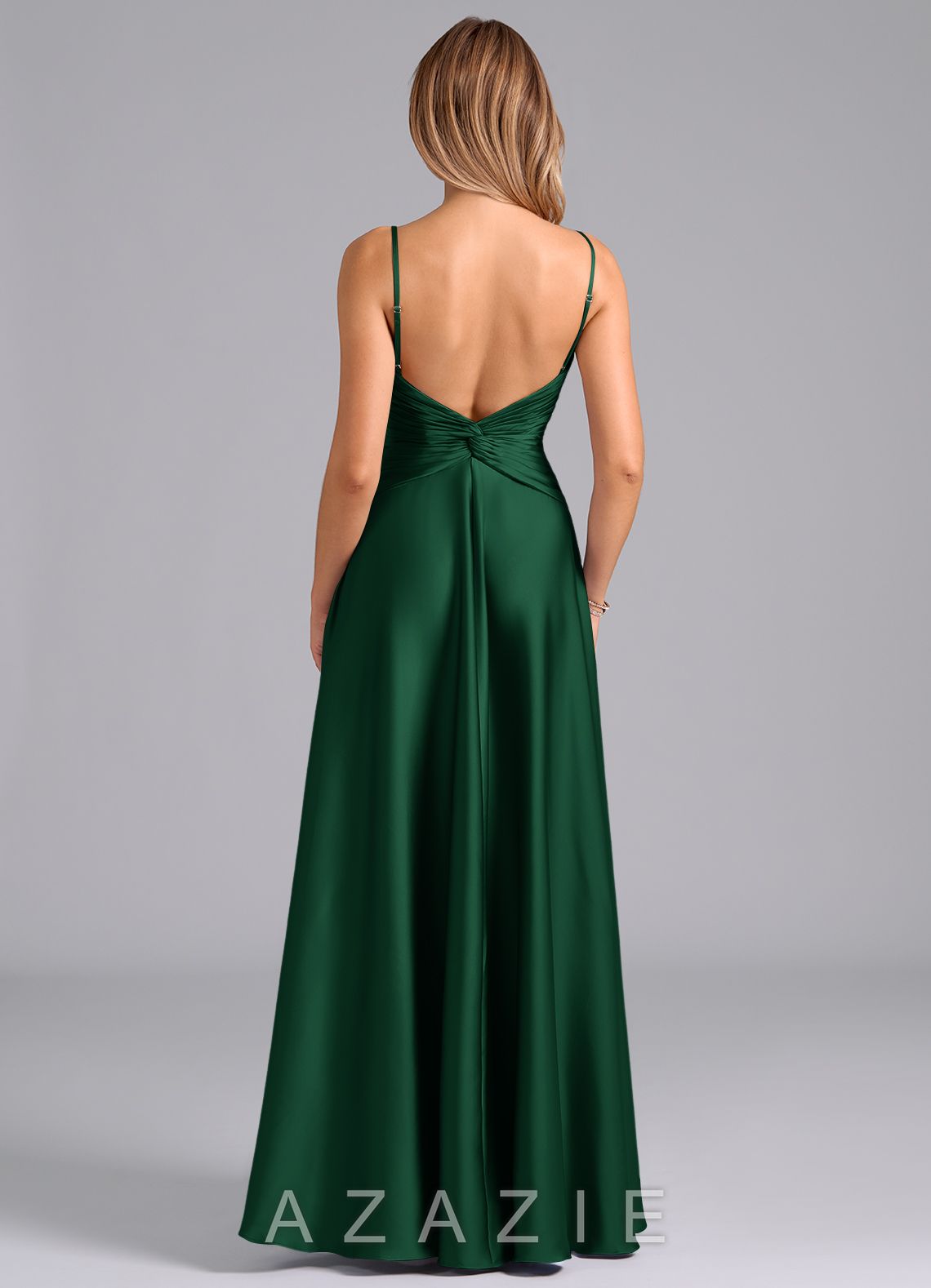 Azazie Elita Dark Green A-Line Pleated Stretch Satin Dress dark_green
