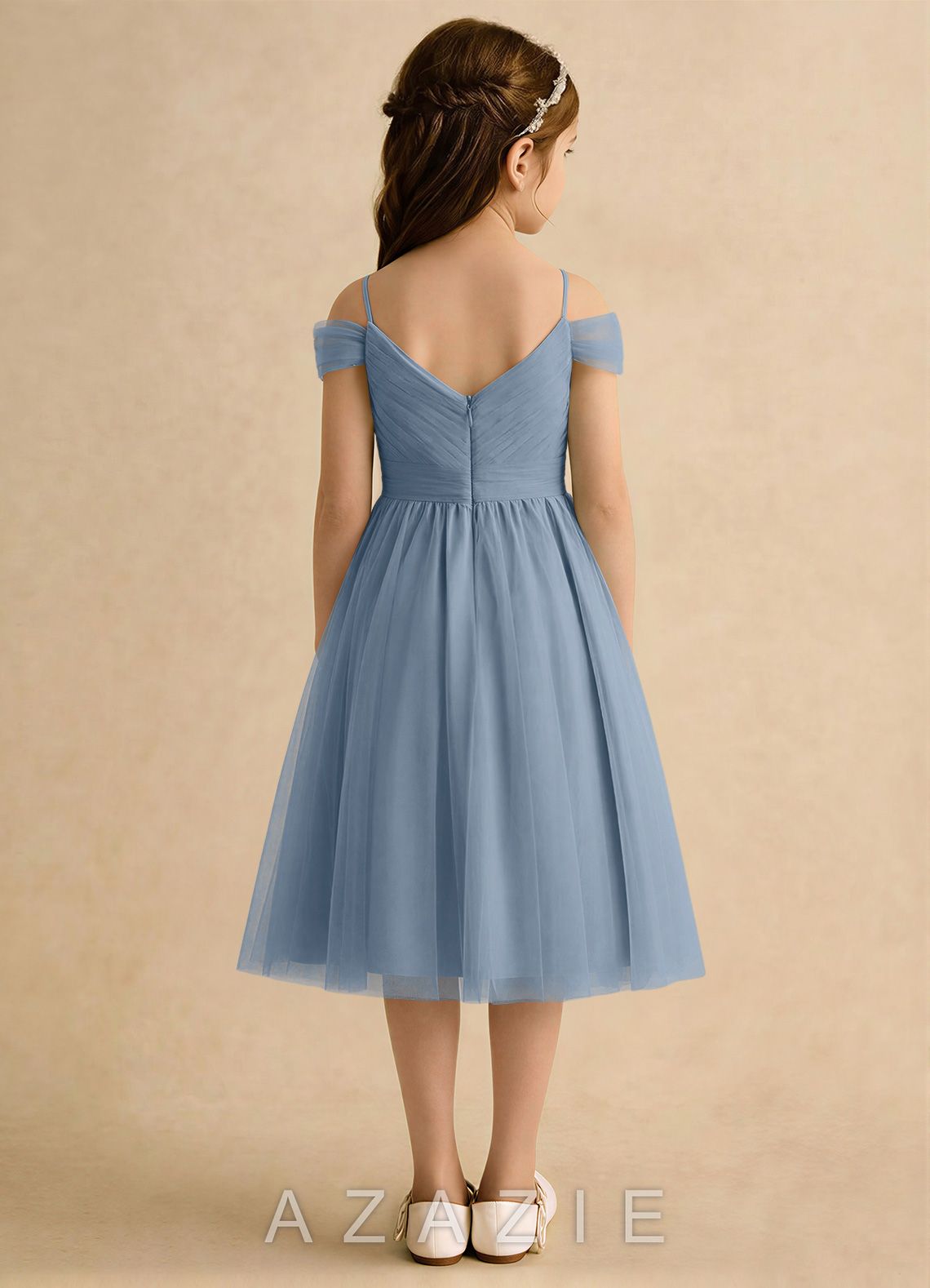 Azazie Lila Girls Formal Dusty Blue A-Line Off the Shoulder Tulle Dress dusty_blue