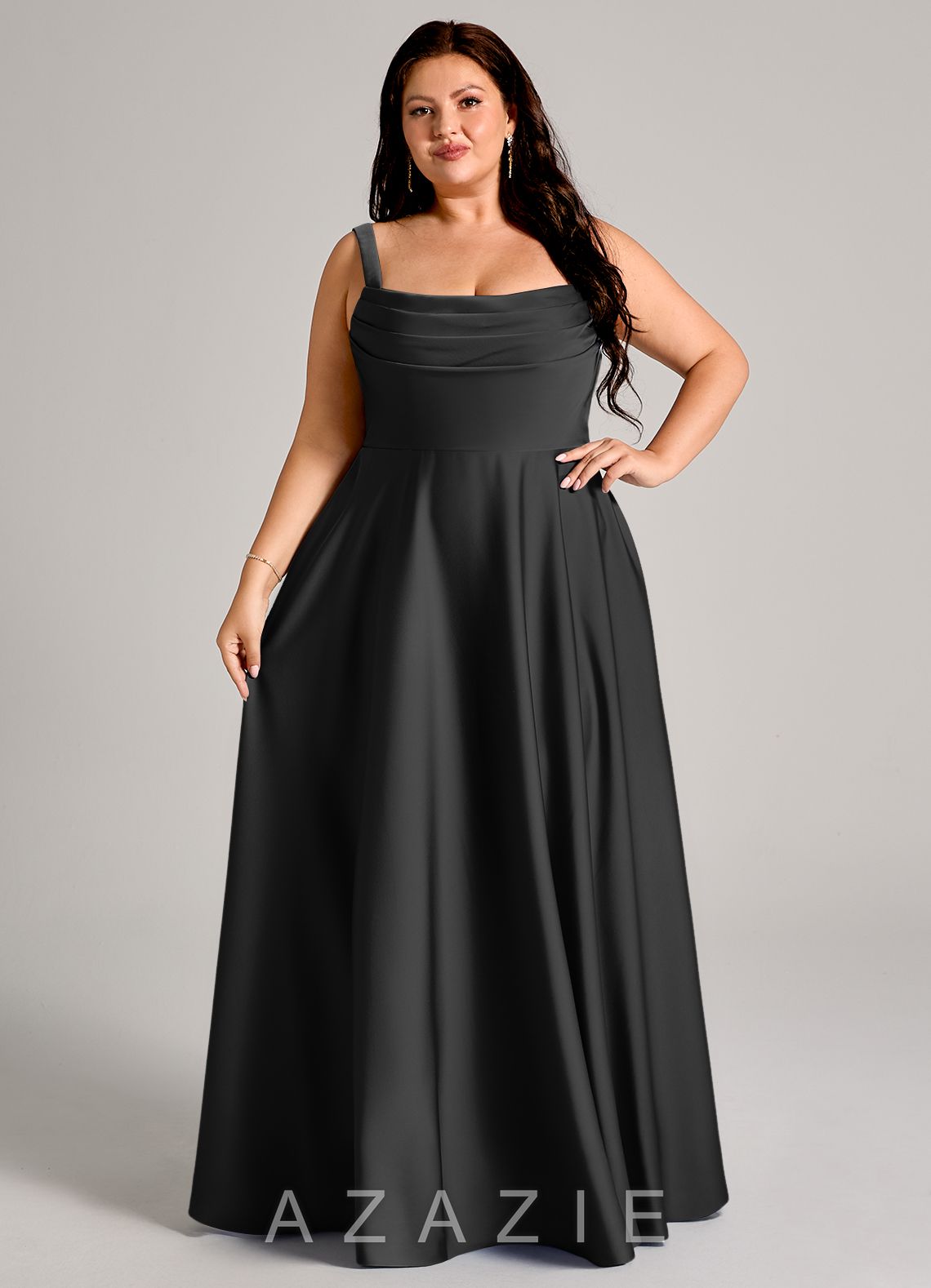 Azazie Shaude Black A-Line Pleated Stretch Satin Dress black