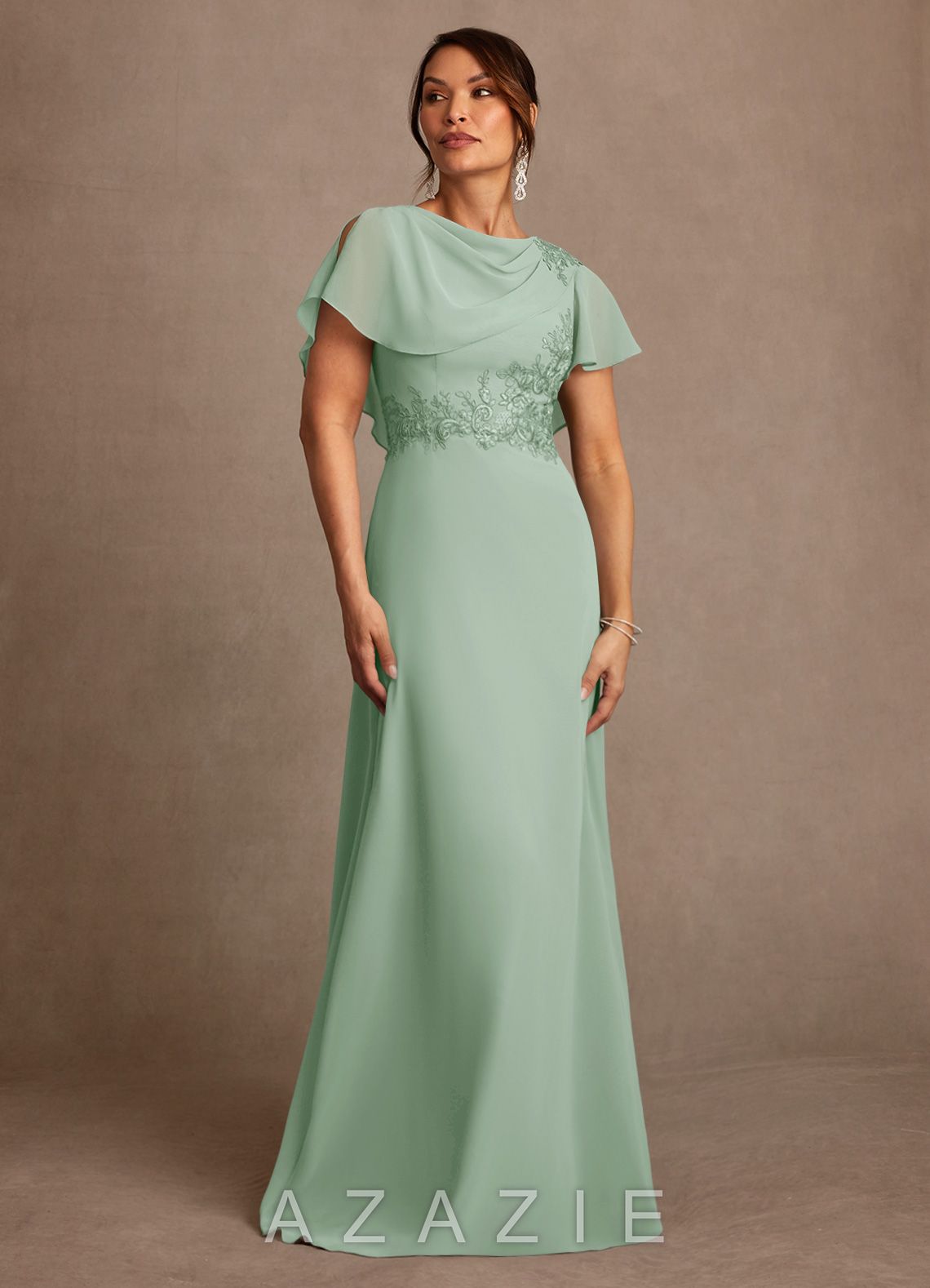 Azazie Frieda Agave A-Line Applique Chiffon Dress