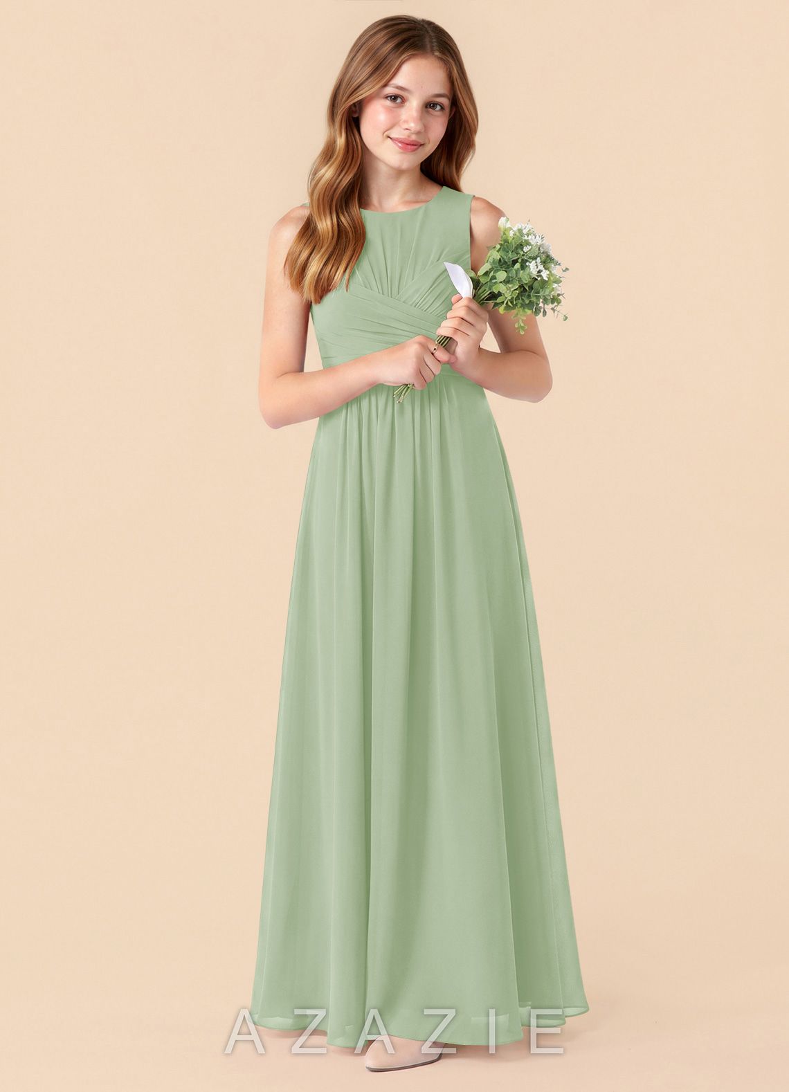 Azazie Skyla Junior Dusty Sage A-Line Pleated Chiffon Dress dusty_sage