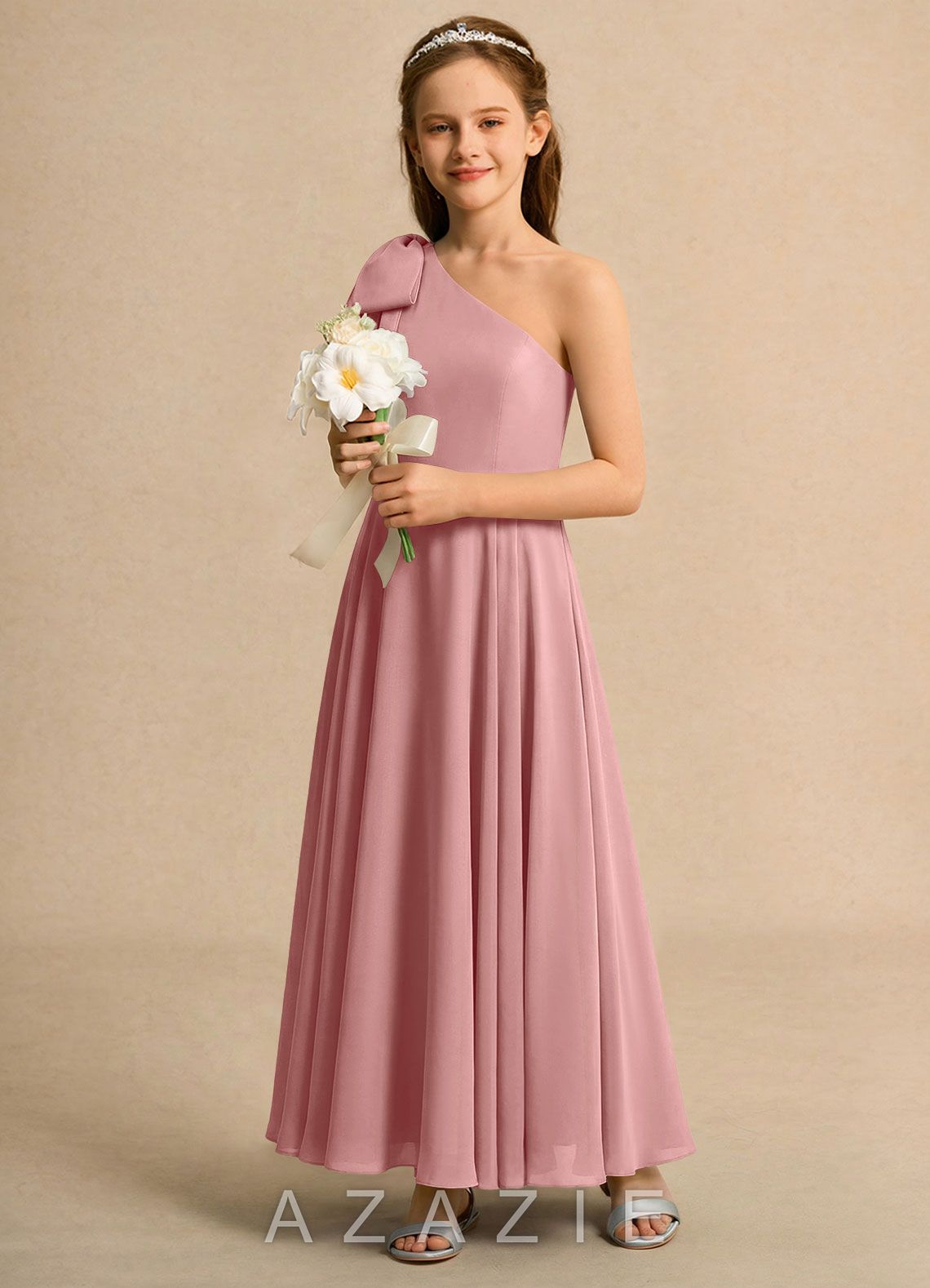 Azazie Guppy Girls Formal Dusty Rose A-Line One Shoulder Chiffon Dress dusty_rose