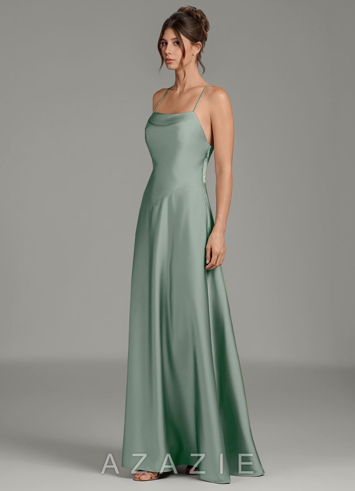 Azazie Eris Agave A-Line Pleated Stretch Satin Dress agave