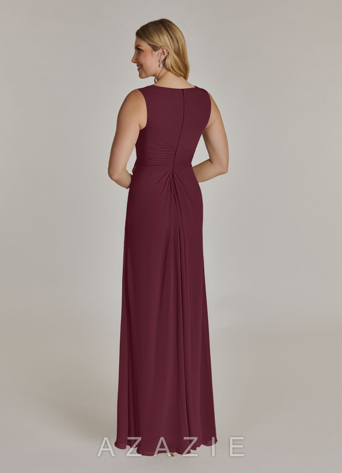 Azazie Manuella Cabernet A-Line V-Neck Pleated Chiffon Dress cabernet