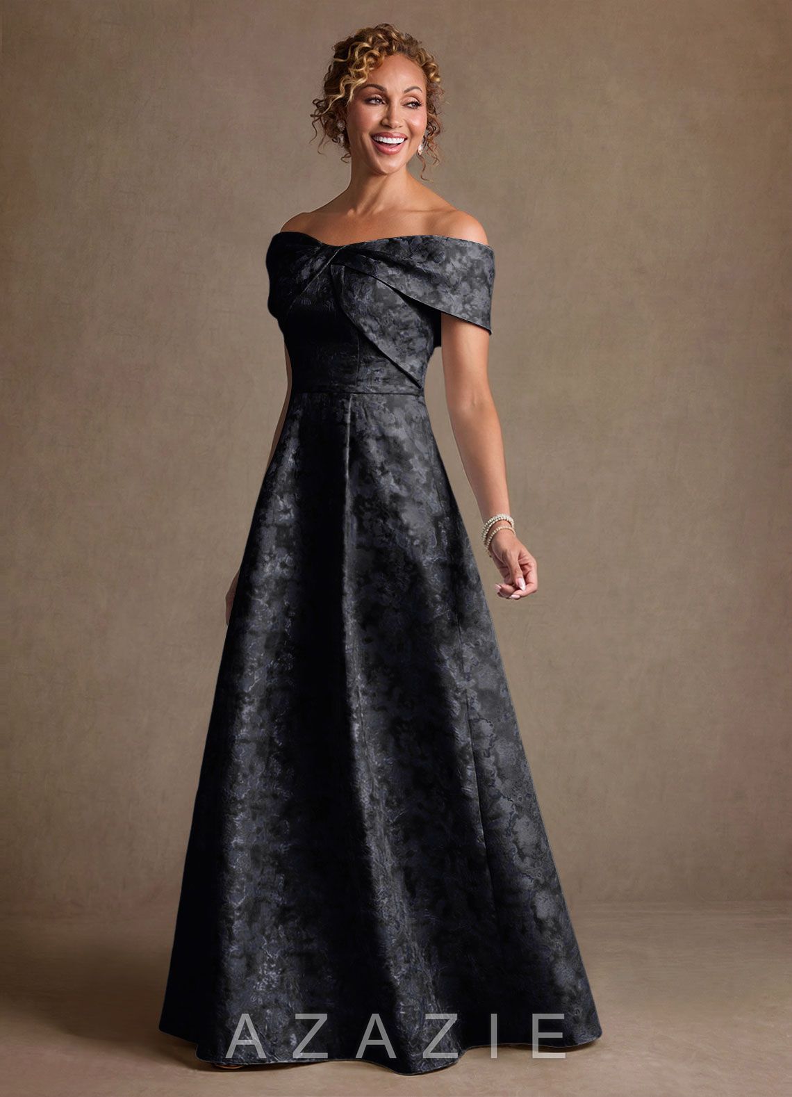 Azazie Harriett Black A-Line Off the Shoulder Floral Jacquard Dress black