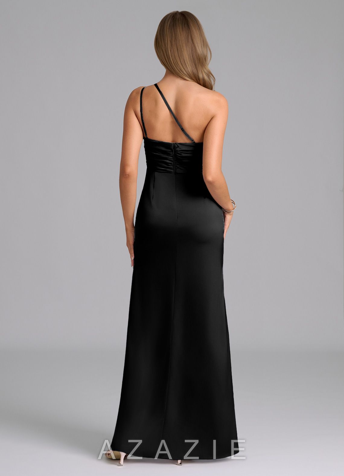 Azazie Eren Black Mermaid One Shoulder Stretch Satin Dress black