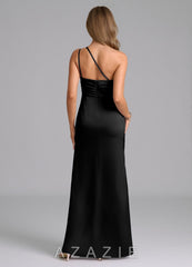 Azazie Eren Black Mermaid One Shoulder Stretch Satin Dress black