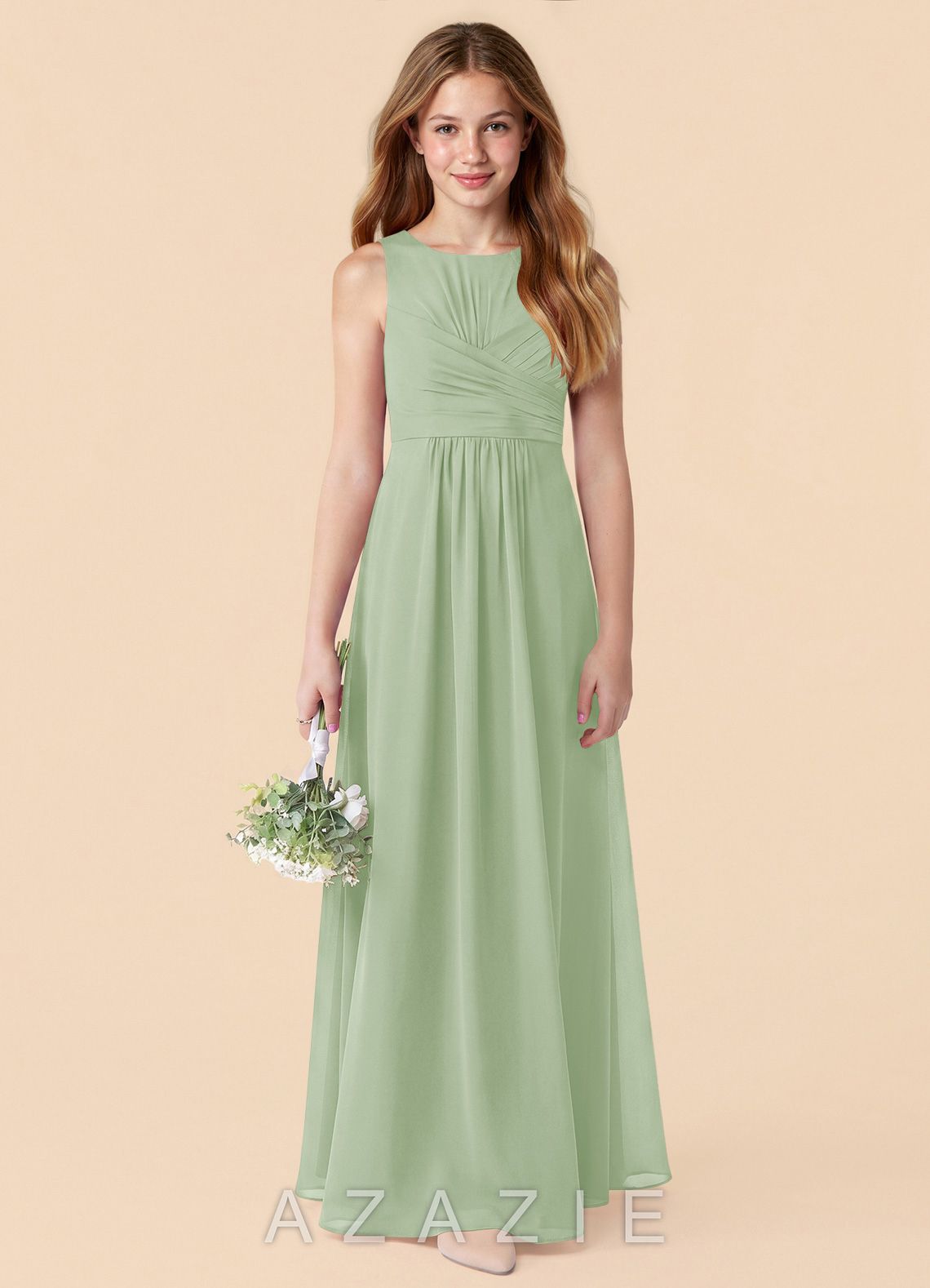 Azazie Skyla Junior Dusty Sage A-Line Pleated Chiffon Dress dusty_sage