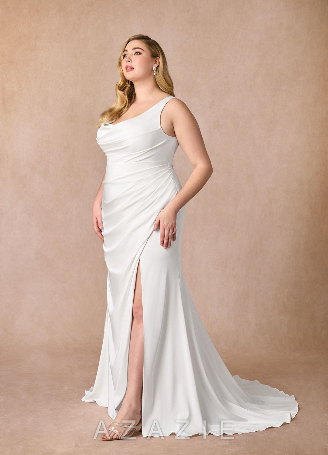 Azazie Daira Wedding Dress Diamond White Mermaid Scoop Pleated Crepe Back Satin Dress diamond_white