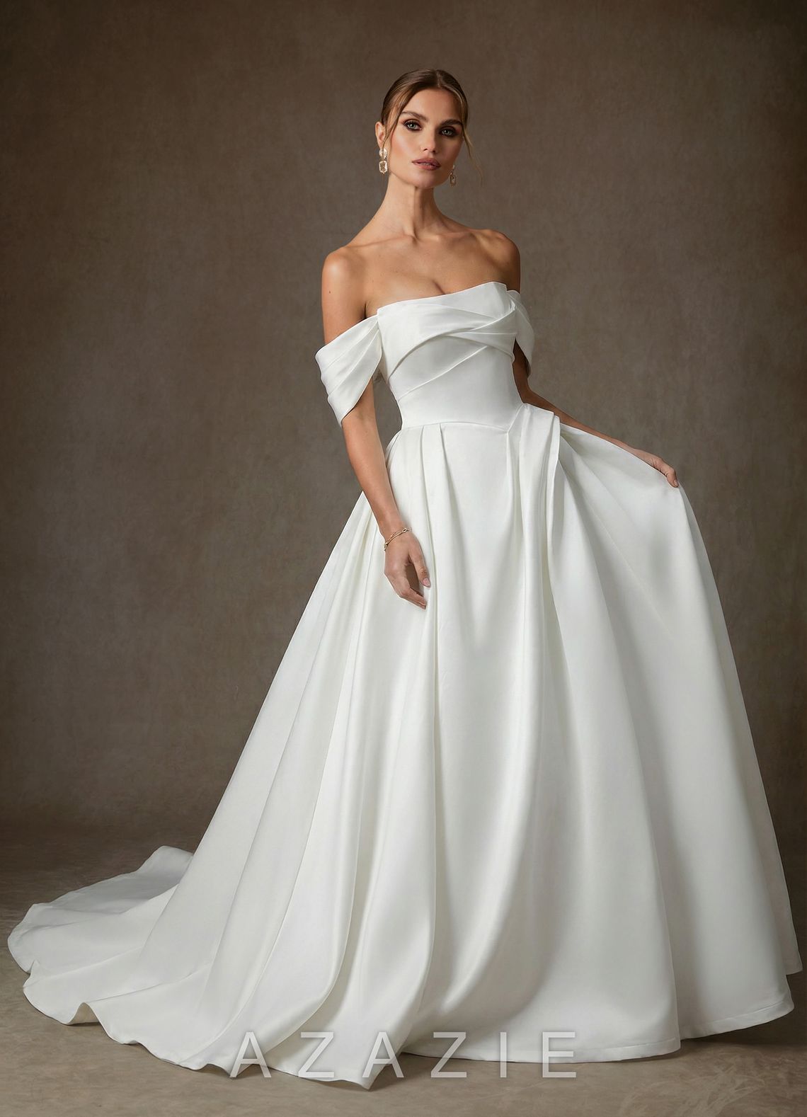 Azazie Suki Diamond White Ball-Gown Off the Shoulder Satin Dress