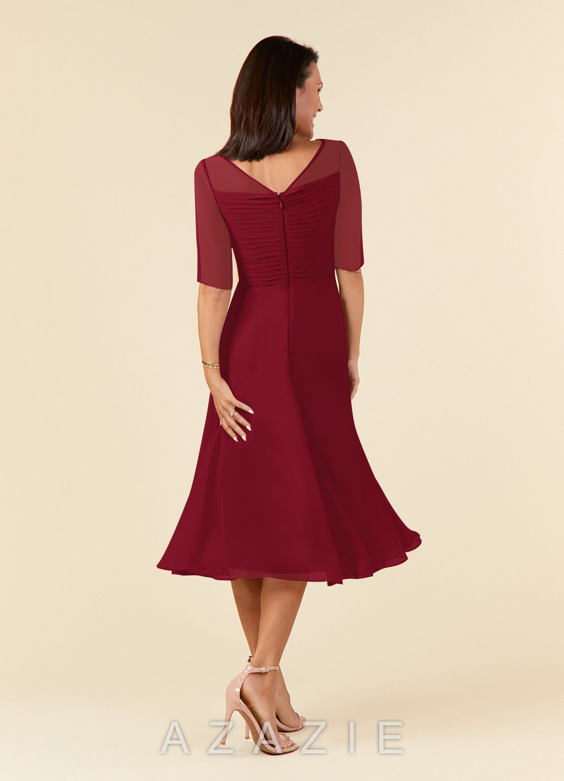 Azazie Naomi Burgundy A-Line Boatneck Pleated Chiffon Dress burgundy